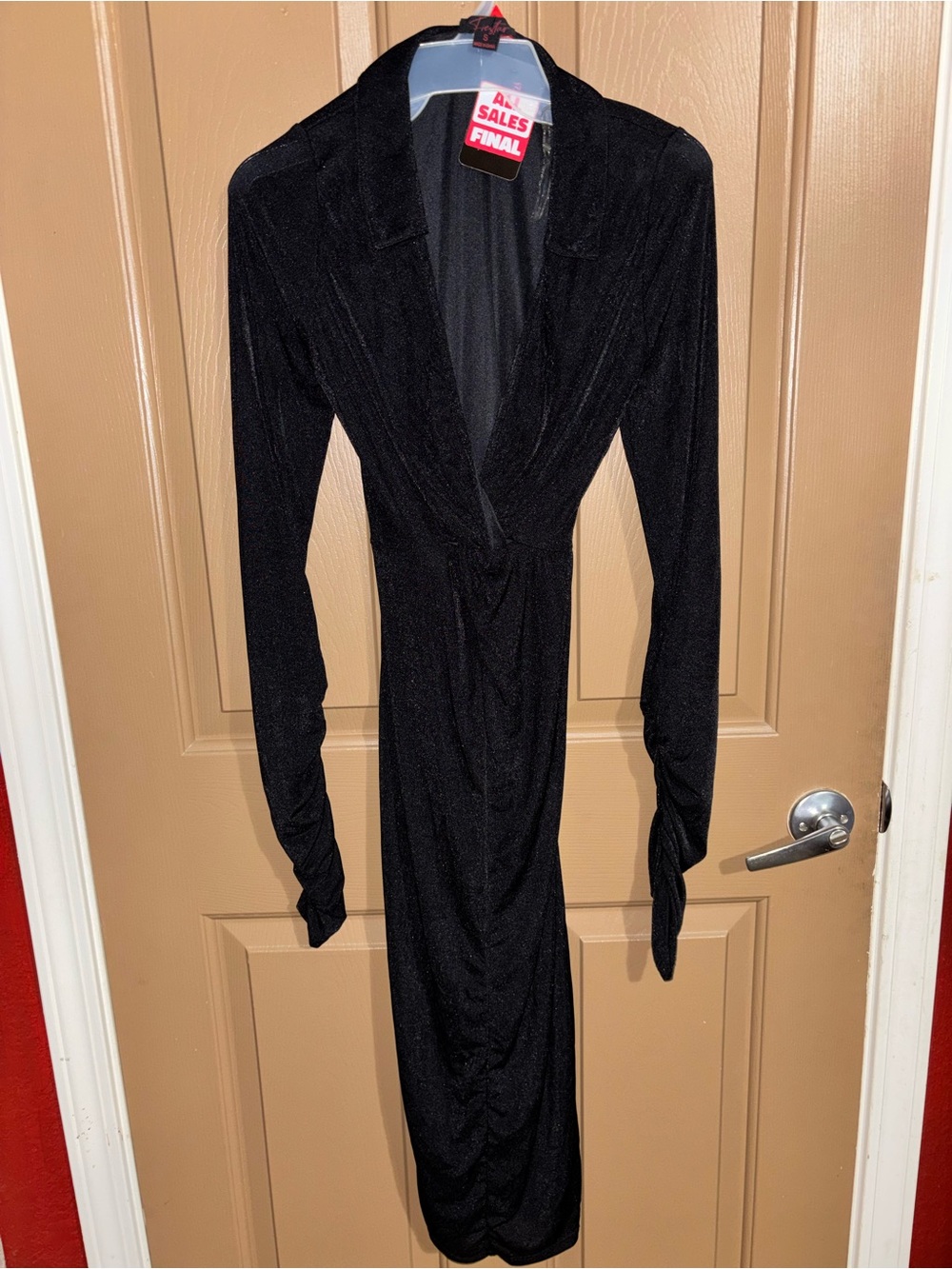 Long-Sleeve Black V-Neck Midi Dress